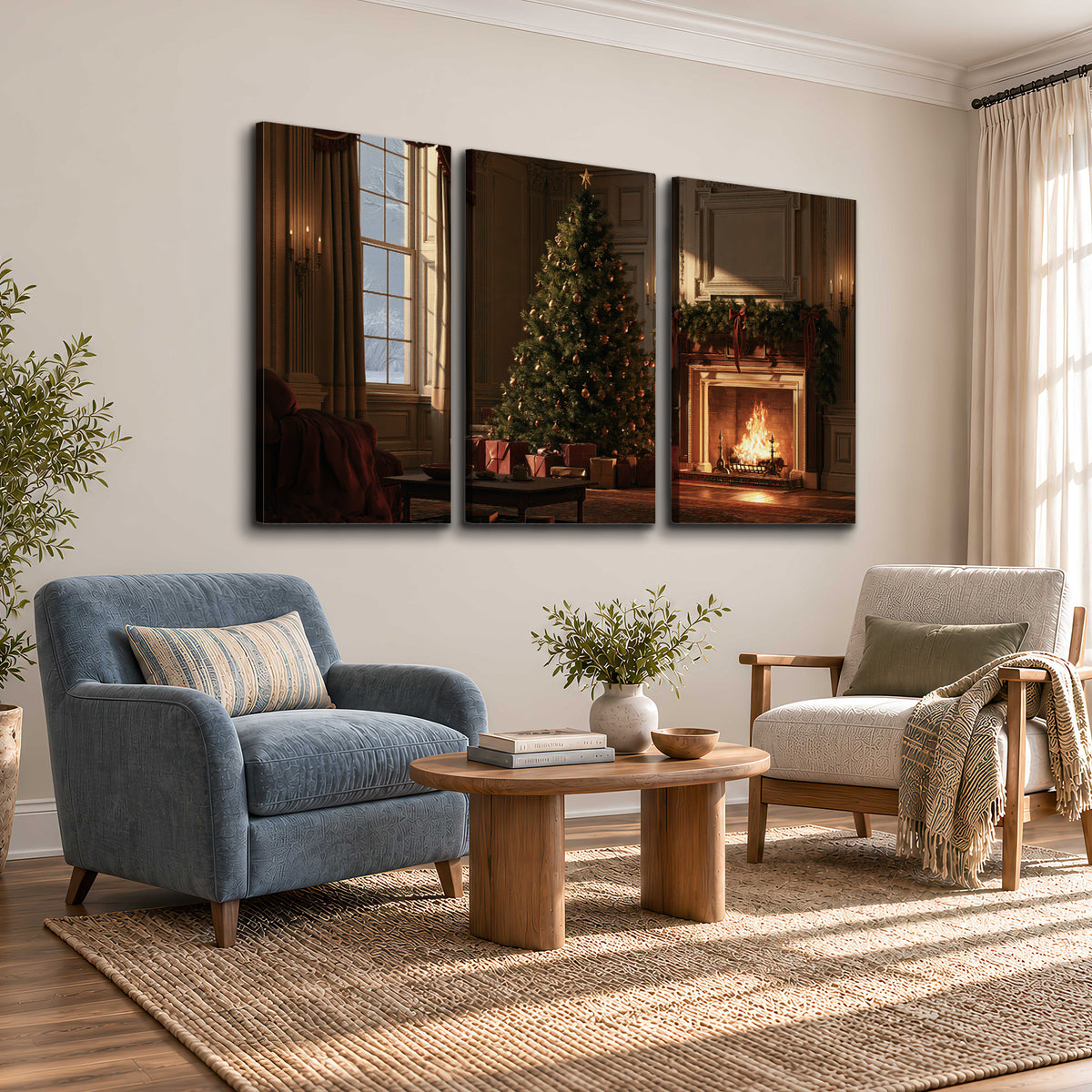 A decorated Christmas tree and wrapped presents beside a glowing fireplace in a cozy wood-paneled room 3 piece canvas wall art styled in an interior