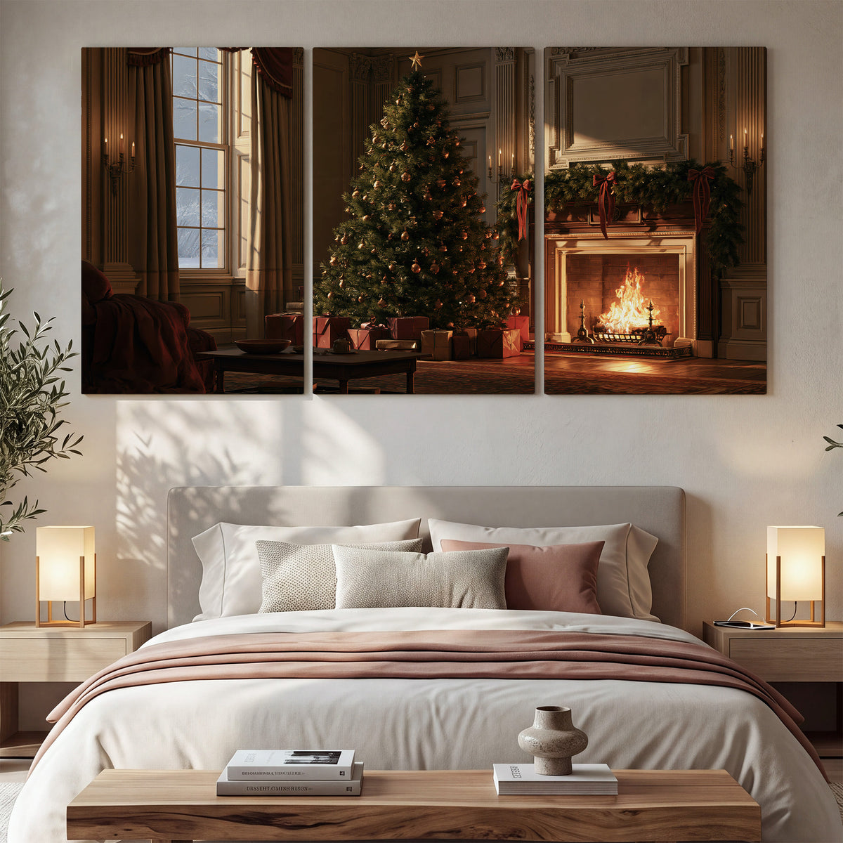 A decorated Christmas tree and wrapped presents beside a glowing fireplace in a cozy wood-paneled room 3 piece canvas wall art displayed in a bedroom