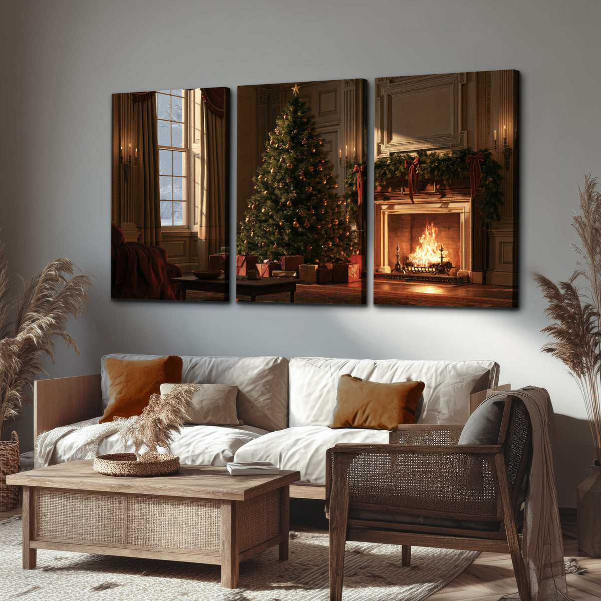 A decorated Christmas tree and wrapped presents beside a glowing fireplace in a cozy wood-paneled room 3 piece canvas wall art displayed in a rustic living room