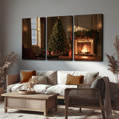 A decorated Christmas tree and wrapped presents beside a glowing fireplace in a cozy wood-paneled room 3 piece canvas wall art displayed in a rustic living room