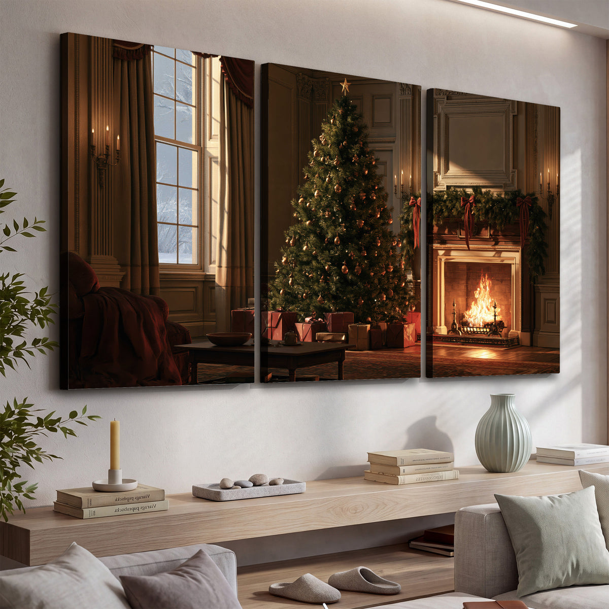A decorated Christmas tree and wrapped presents beside a glowing fireplace in a cozy wood-paneled room 3 piece canvas wall art displayed in a console