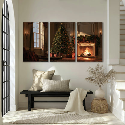 A decorated Christmas tree and wrapped presents beside a glowing fireplace in a cozy wood-paneled room 3 piece canvas wall art displayed in a entryway