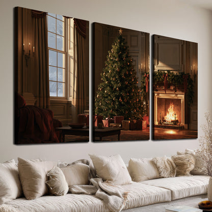 A decorated Christmas tree and wrapped presents beside a glowing fireplace in a cozy wood-paneled room 3 piece canvas wall art room and product view
