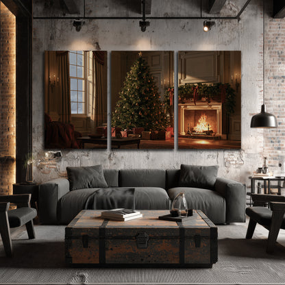 A decorated Christmas tree and wrapped presents beside a glowing fireplace in a cozy wood-paneled room 3 piece canvas wall art displayed in a industrial room