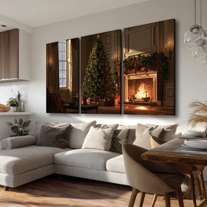 A decorated Christmas tree and wrapped presents beside a glowing fireplace in a cozy wood-paneled room 3 piece canvas wall art room and product view