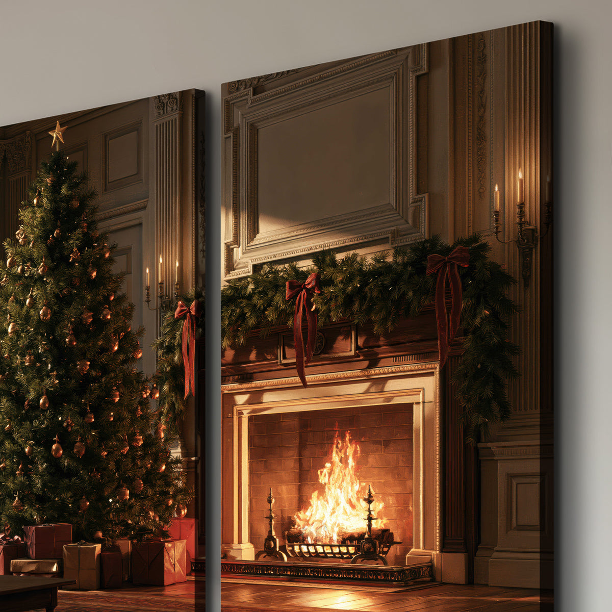 A decorated Christmas tree and wrapped presents beside a glowing fireplace in a cozy wood-paneled room 3 piece canvas wall art room and product view