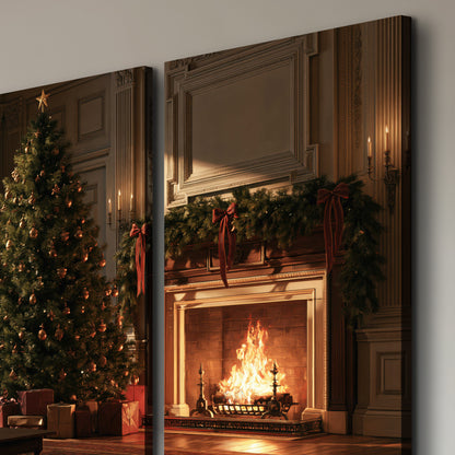 A decorated Christmas tree and wrapped presents beside a glowing fireplace in a cozy wood-paneled room 3 piece canvas wall art room and product view