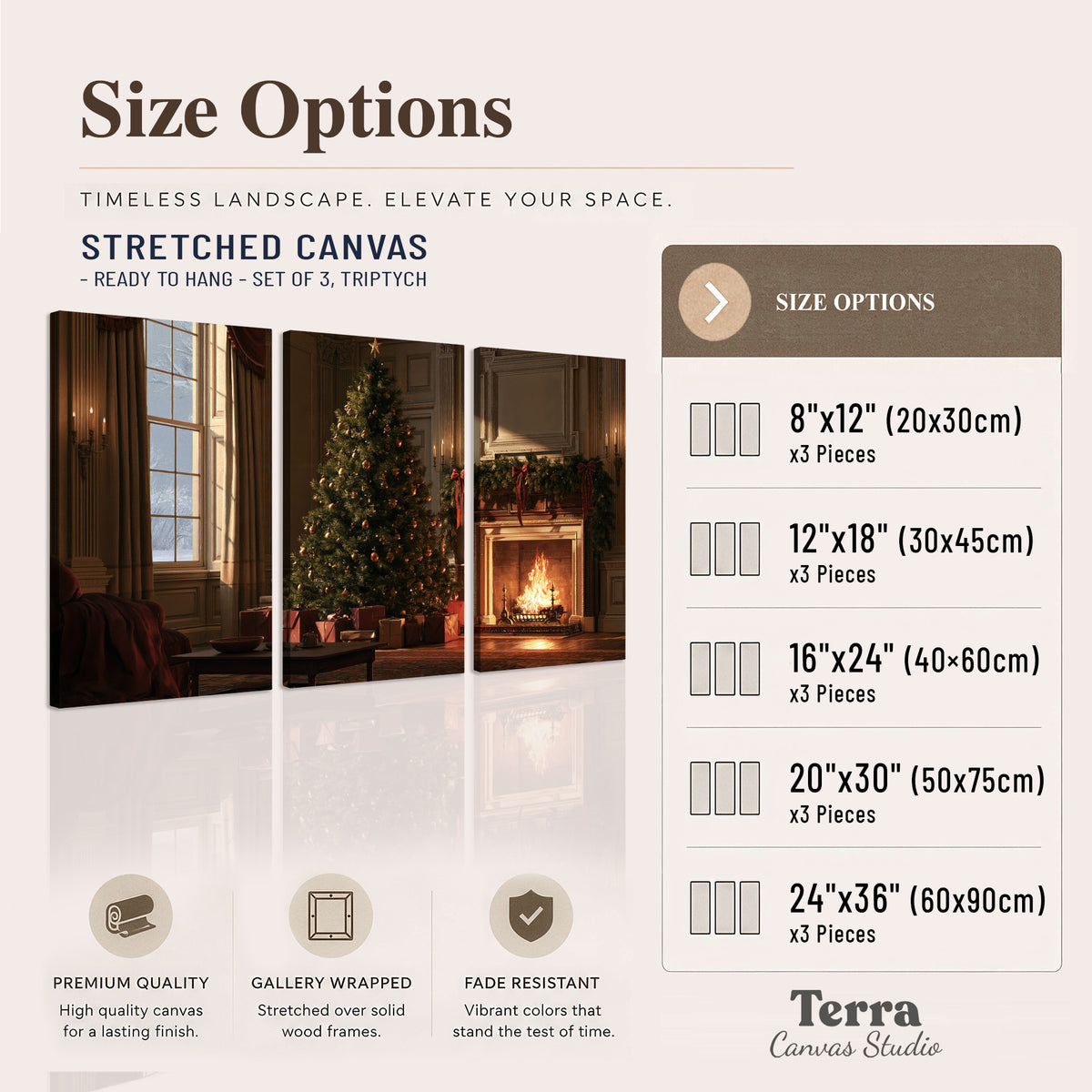 A decorated Christmas tree and wrapped presents beside a glowing fireplace in a cozy wood-paneled room 3 piece canvas wall art available dimensions; triptych dimensions are per panel