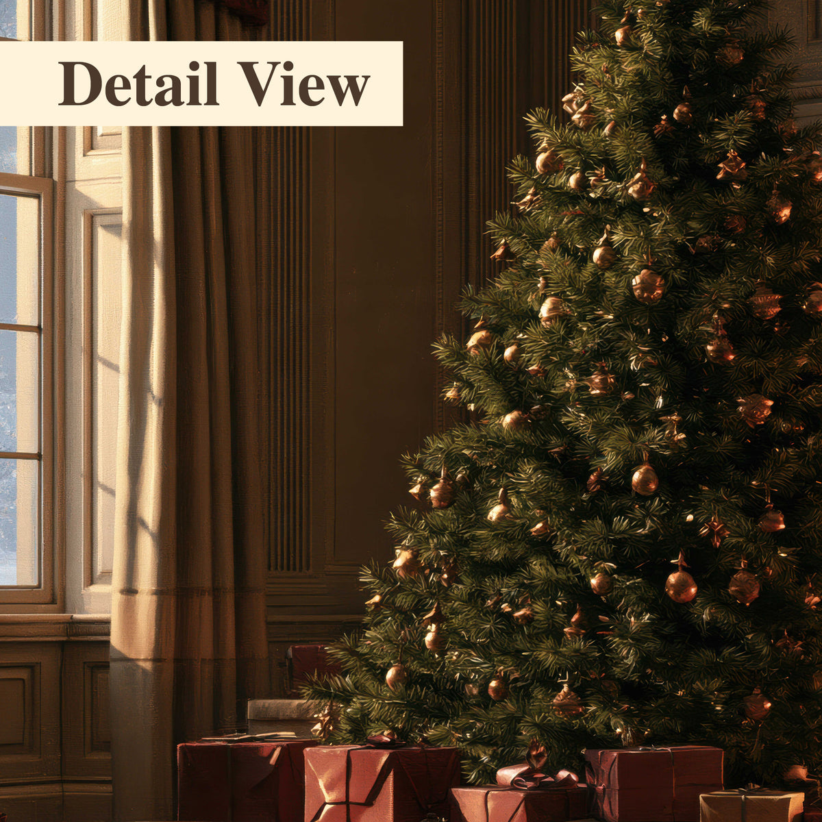 A decorated Christmas tree and wrapped presents beside a glowing fireplace in a cozy wood-paneled room 3 piece canvas wall art artwork detail close up