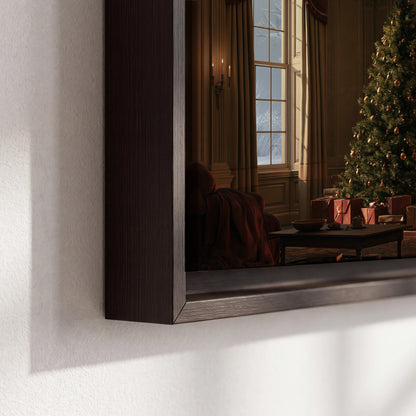 A decorated Christmas tree and wrapped presents beside a glowing fireplace in a cozy wood-paneled room 3 piece framed canvas wall art material and edge close up