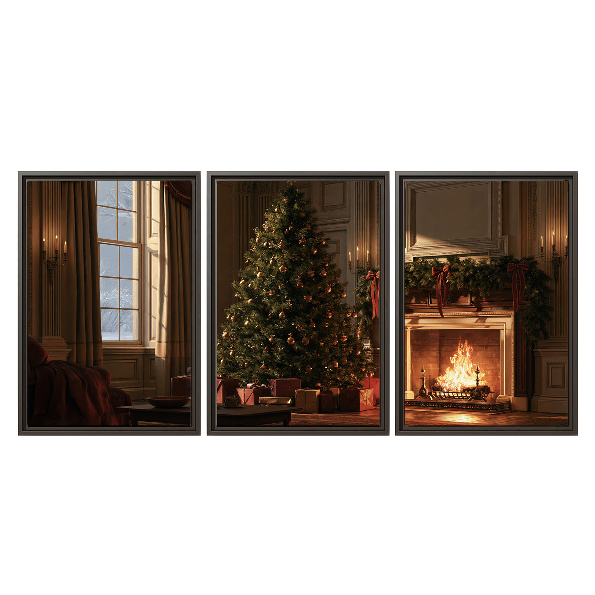 A decorated Christmas tree and wrapped presents beside a glowing fireplace in a cozy wood-paneled room 3 piece framed canvas wall art viewed straight on