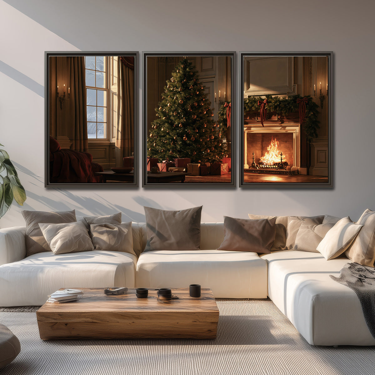 A decorated Christmas tree and wrapped presents beside a glowing fireplace in a cozy wood-paneled room 3 piece framed canvas wall art displayed in a living room