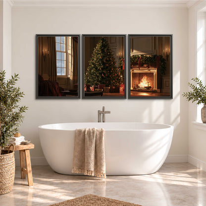 A decorated Christmas tree and wrapped presents beside a glowing fireplace in a cozy wood-paneled room 3 piece framed canvas wall art styled in an interior