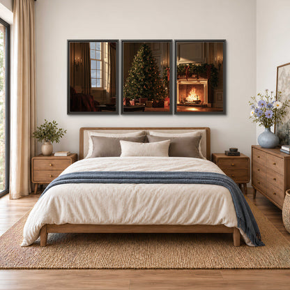 A decorated Christmas tree and wrapped presents beside a glowing fireplace in a cozy wood-paneled room 3 piece framed canvas wall art styled in an interior