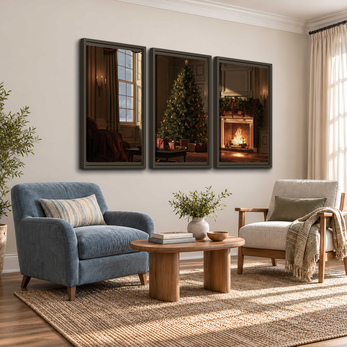 A decorated Christmas tree and wrapped presents beside a glowing fireplace in a cozy wood-paneled room 3 piece framed canvas wall art styled in an interior