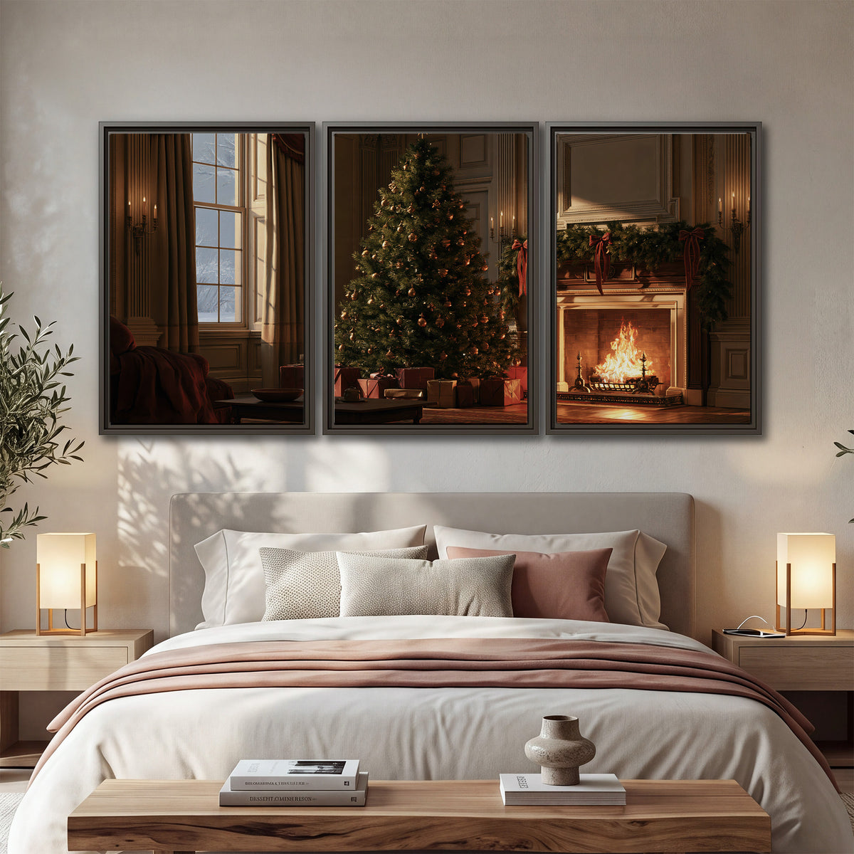 A decorated Christmas tree and wrapped presents beside a glowing fireplace in a cozy wood-paneled room 3 piece framed canvas wall art displayed in a bedroom