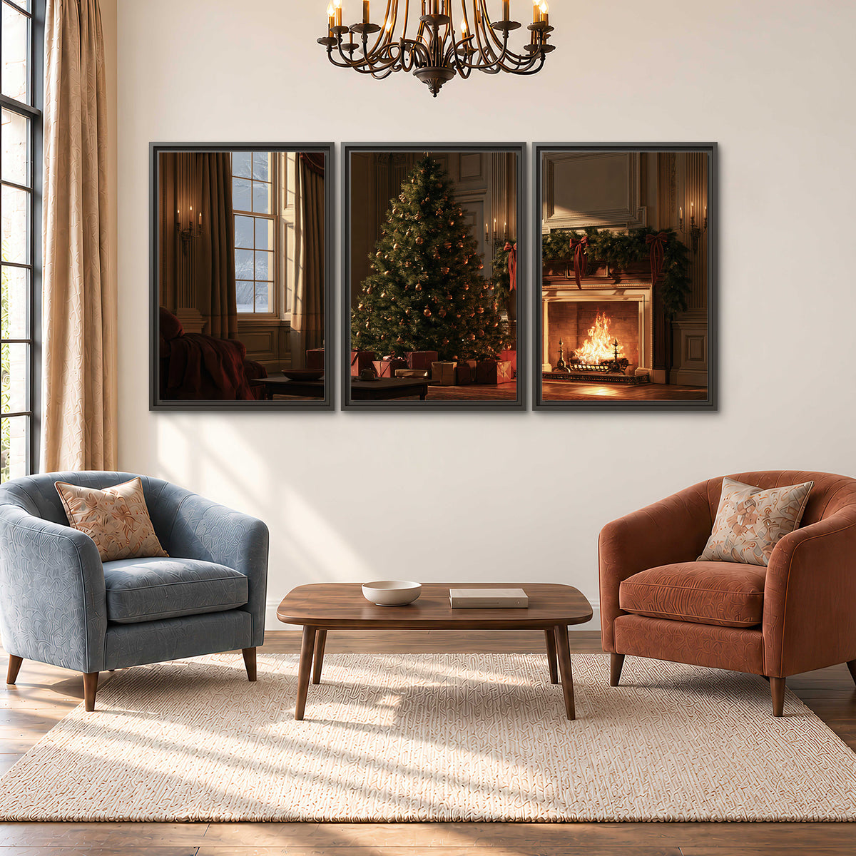 A decorated Christmas tree and wrapped presents beside a glowing fireplace in a cozy wood-paneled room 3 piece framed canvas wall art styled in an interior