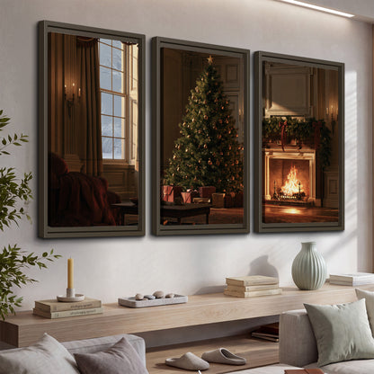A decorated Christmas tree and wrapped presents beside a glowing fireplace in a cozy wood-paneled room 3 piece framed canvas wall art displayed in a console