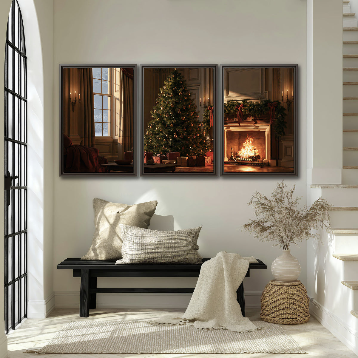 A decorated Christmas tree and wrapped presents beside a glowing fireplace in a cozy wood-paneled room 3 piece framed canvas wall art displayed in a entryway