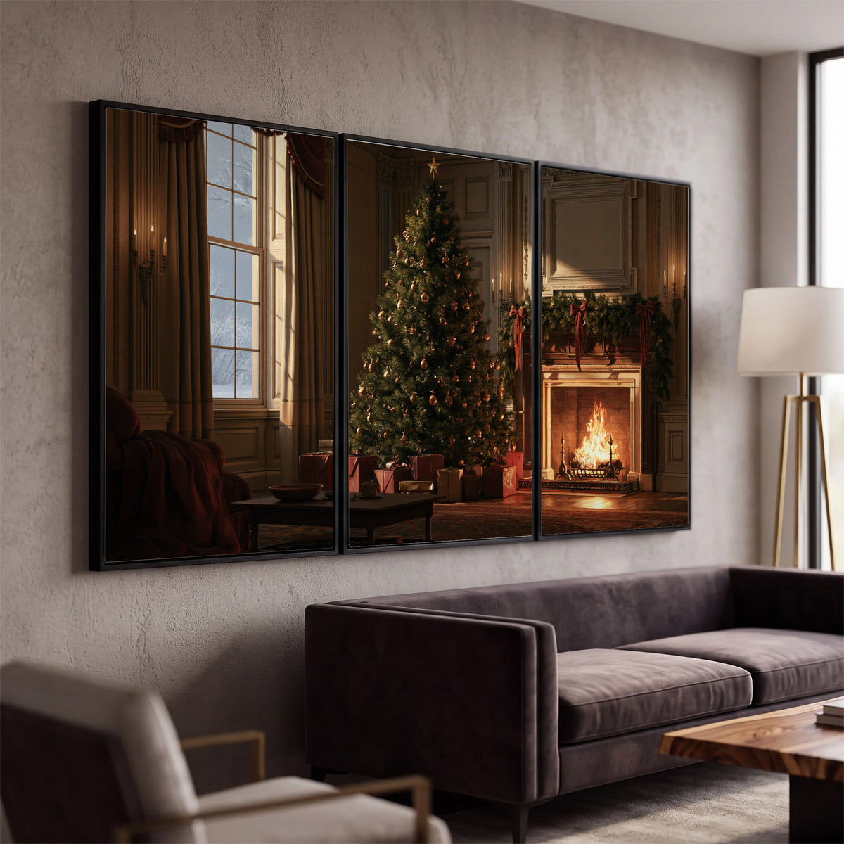 A decorated Christmas tree and wrapped presents beside a glowing fireplace in a cozy wood-paneled room 3 piece framed canvas wall art displayed in a modern living room