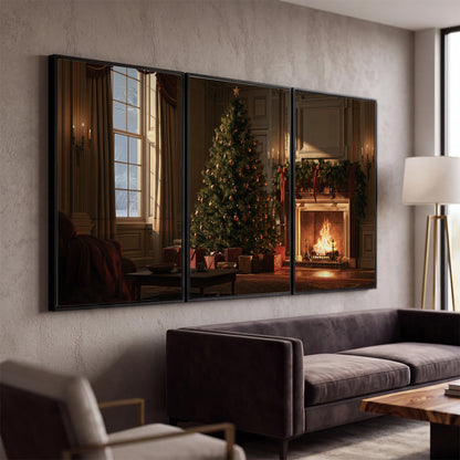 A decorated Christmas tree and wrapped presents beside a glowing fireplace in a cozy wood-paneled room 3 piece framed canvas wall art displayed in a modern living room