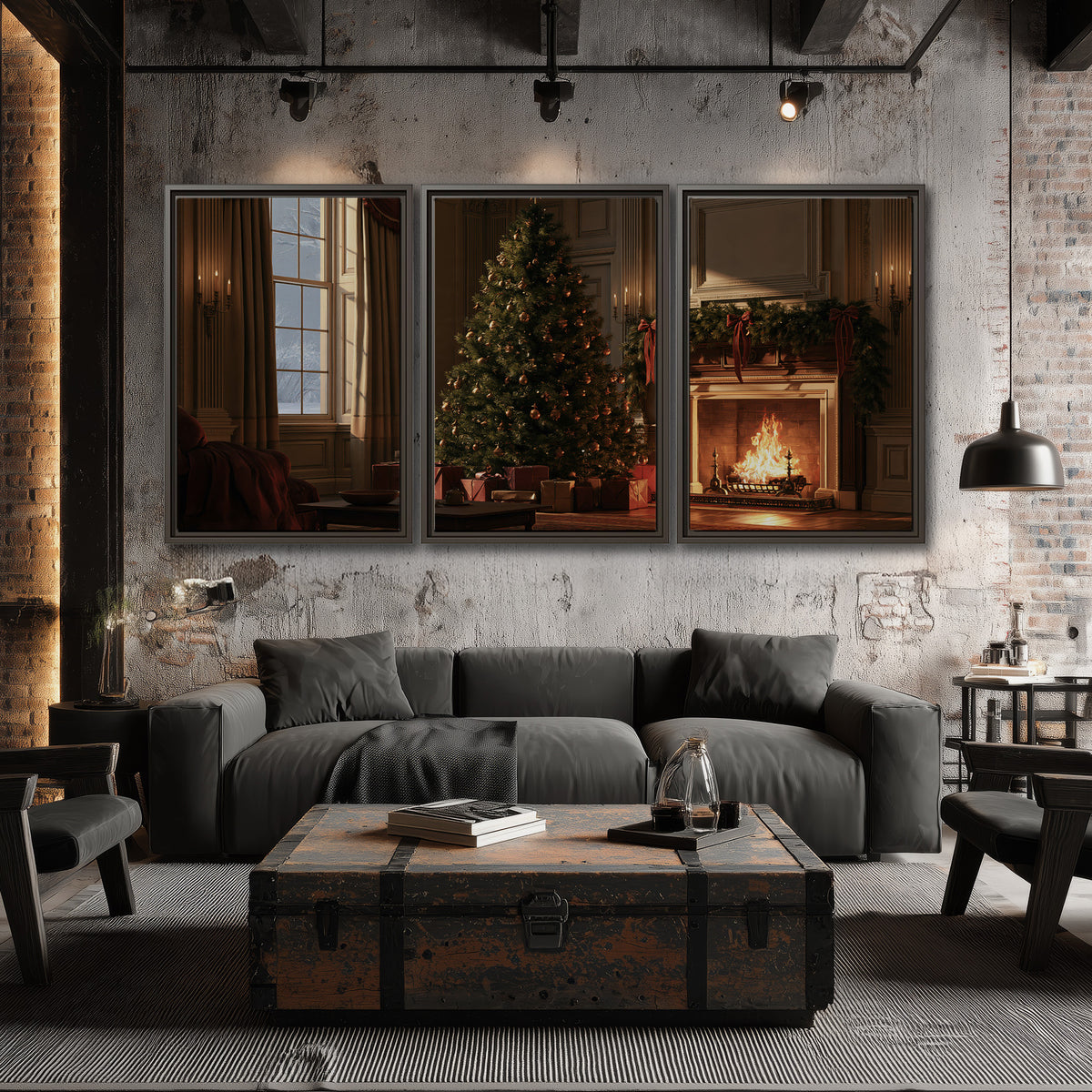 A decorated Christmas tree and wrapped presents beside a glowing fireplace in a cozy wood-paneled room 3 piece framed canvas wall art displayed in a industrial room
