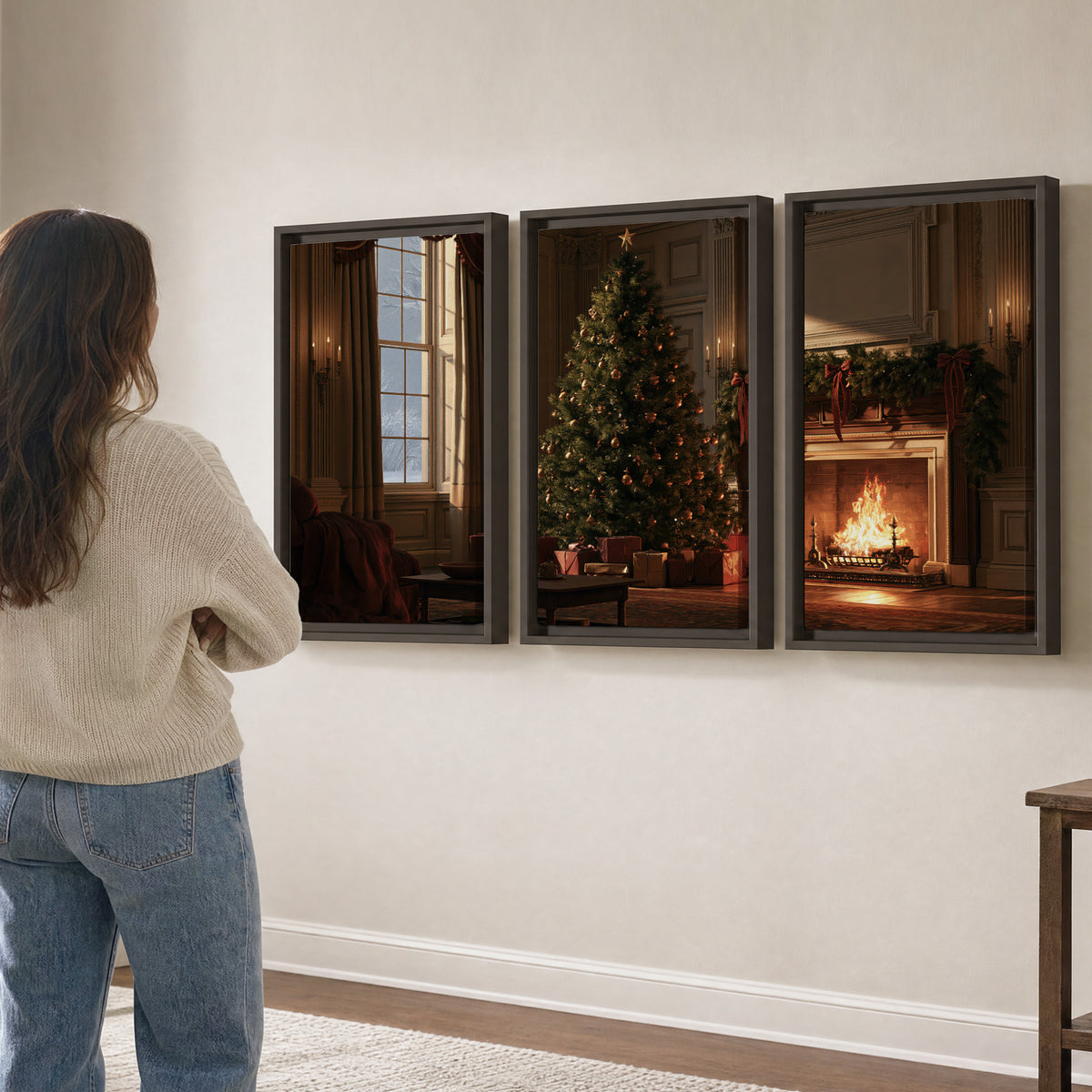 A decorated Christmas tree and wrapped presents beside a glowing fireplace in a cozy wood-paneled room 3 piece framed canvas wall art three panel arrangement on a wall