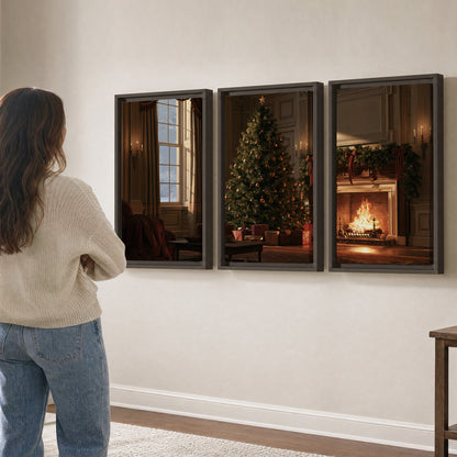 A decorated Christmas tree and wrapped presents beside a glowing fireplace in a cozy wood-paneled room 3 piece framed canvas wall art three panel arrangement on a wall