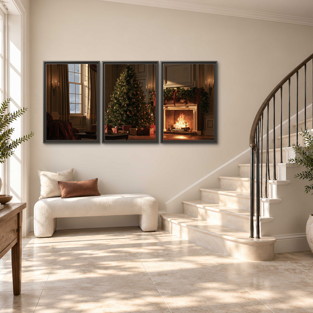 A decorated Christmas tree and wrapped presents beside a glowing fireplace in a cozy wood-paneled room 3 piece framed canvas wall art styled in an interior