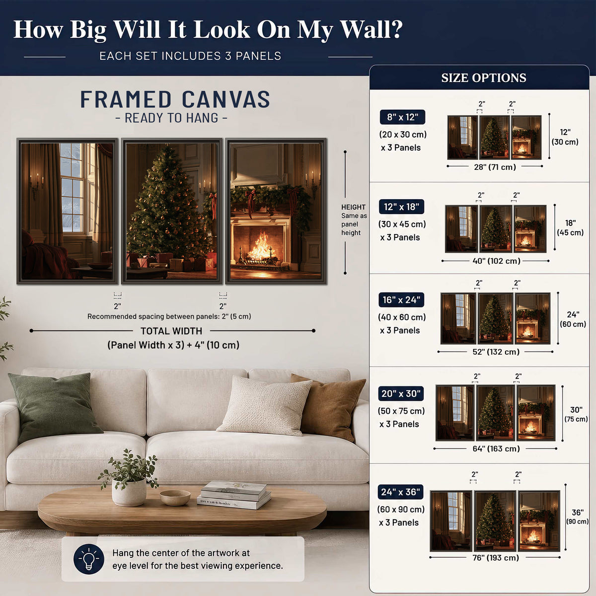 A decorated Christmas tree and wrapped presents beside a glowing fireplace in a cozy wood-paneled room 3 piece framed canvas wall art size guide above a sofa; room view is illustrative