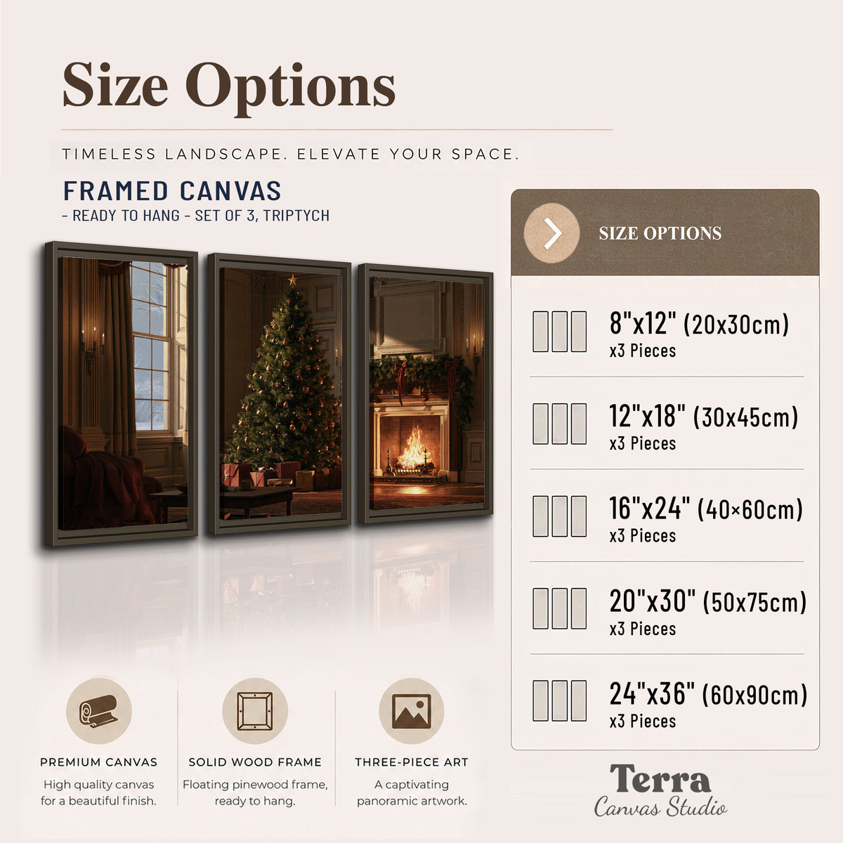 A decorated Christmas tree and wrapped presents beside a glowing fireplace in a cozy wood-paneled room 3 piece framed canvas wall art available dimensions; triptych dimensions are per panel