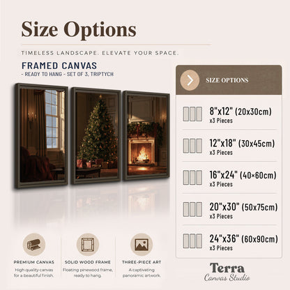 A decorated Christmas tree and wrapped presents beside a glowing fireplace in a cozy wood-paneled room 3 piece framed canvas wall art available dimensions; triptych dimensions are per panel