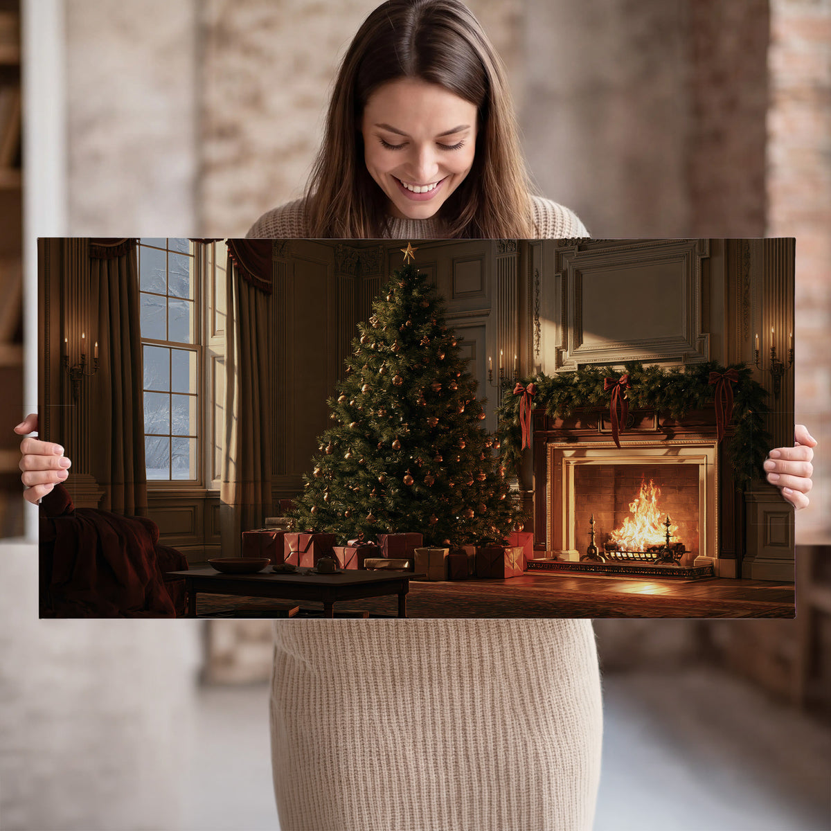 A decorated Christmas tree and wrapped presents beside a glowing fireplace in a cozy wood-paneled room single canvas wall art held in hands