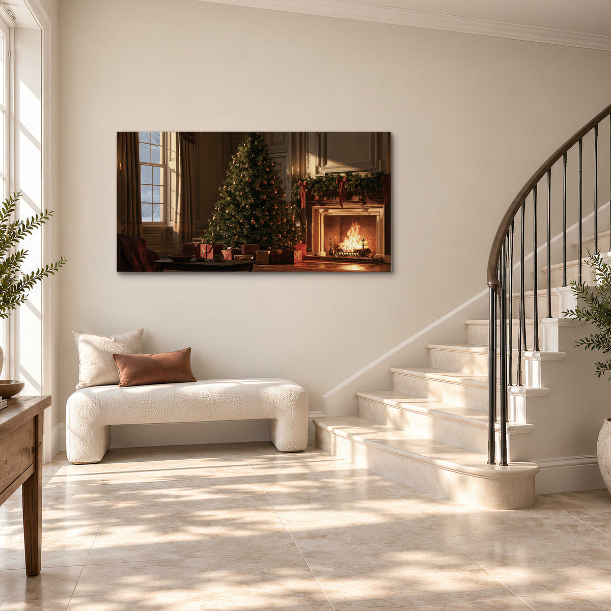 A decorated Christmas tree and wrapped presents beside a glowing fireplace in a cozy wood-paneled room single canvas wall art styled in an interior