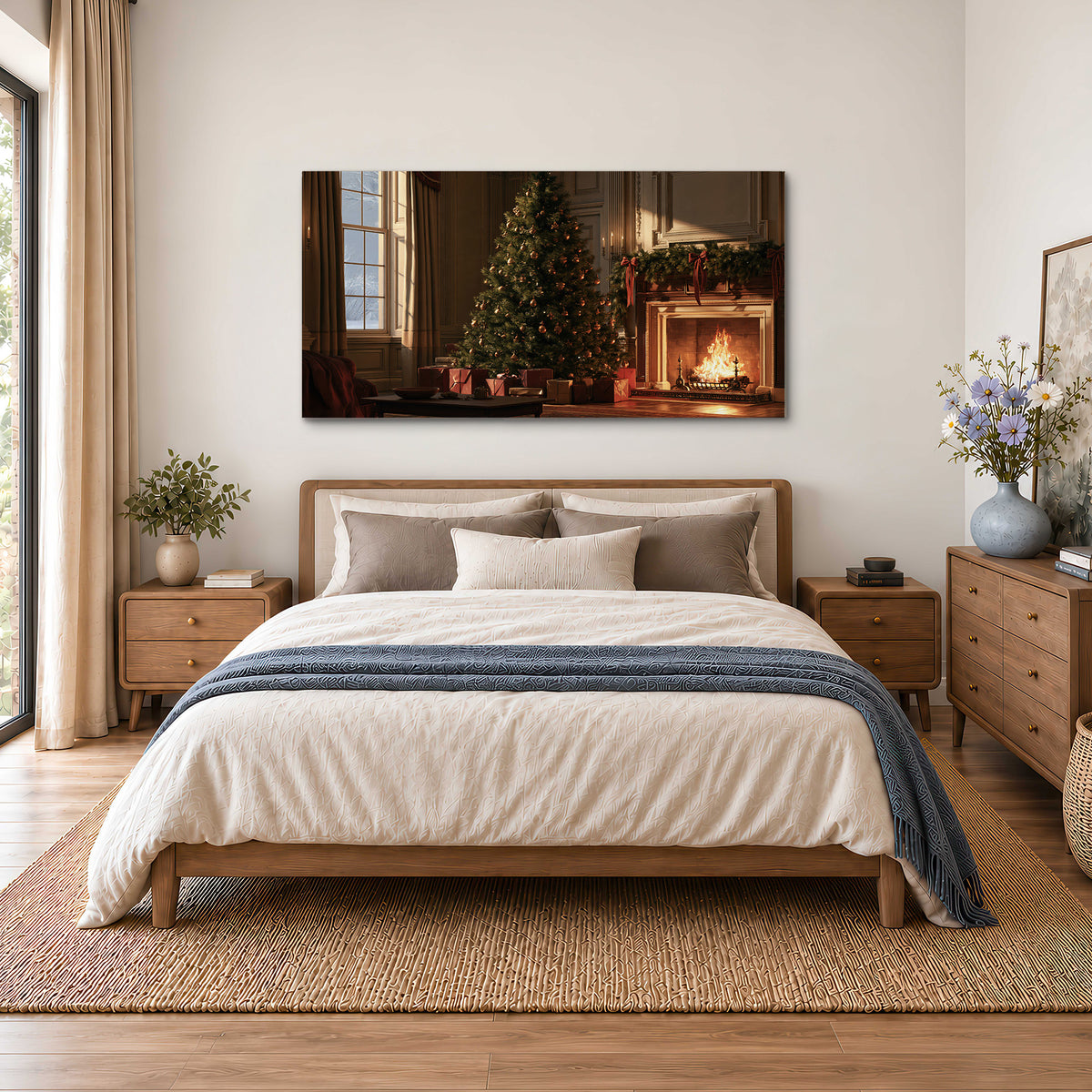 A decorated Christmas tree and wrapped presents beside a glowing fireplace in a cozy wood-paneled room single canvas wall art styled in an interior
