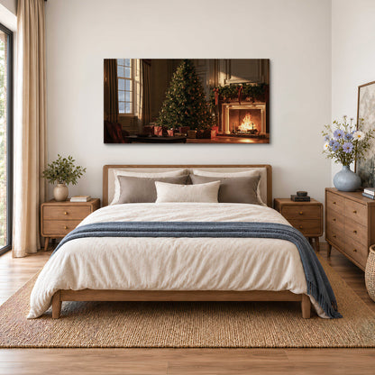 A decorated Christmas tree and wrapped presents beside a glowing fireplace in a cozy wood-paneled room single canvas wall art styled in an interior