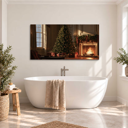 A decorated Christmas tree and wrapped presents beside a glowing fireplace in a cozy wood-paneled room single canvas wall art styled in an interior