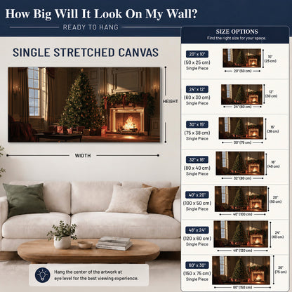 A decorated Christmas tree and wrapped presents beside a glowing fireplace in a cozy wood-paneled room single canvas wall art size guide above a sofa; room view is illustrative