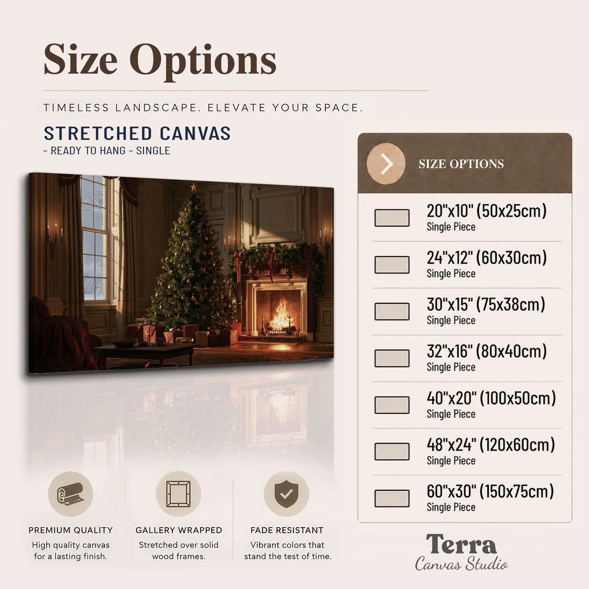 A decorated Christmas tree and wrapped presents beside a glowing fireplace in a cozy wood-paneled room single canvas wall art available dimensions