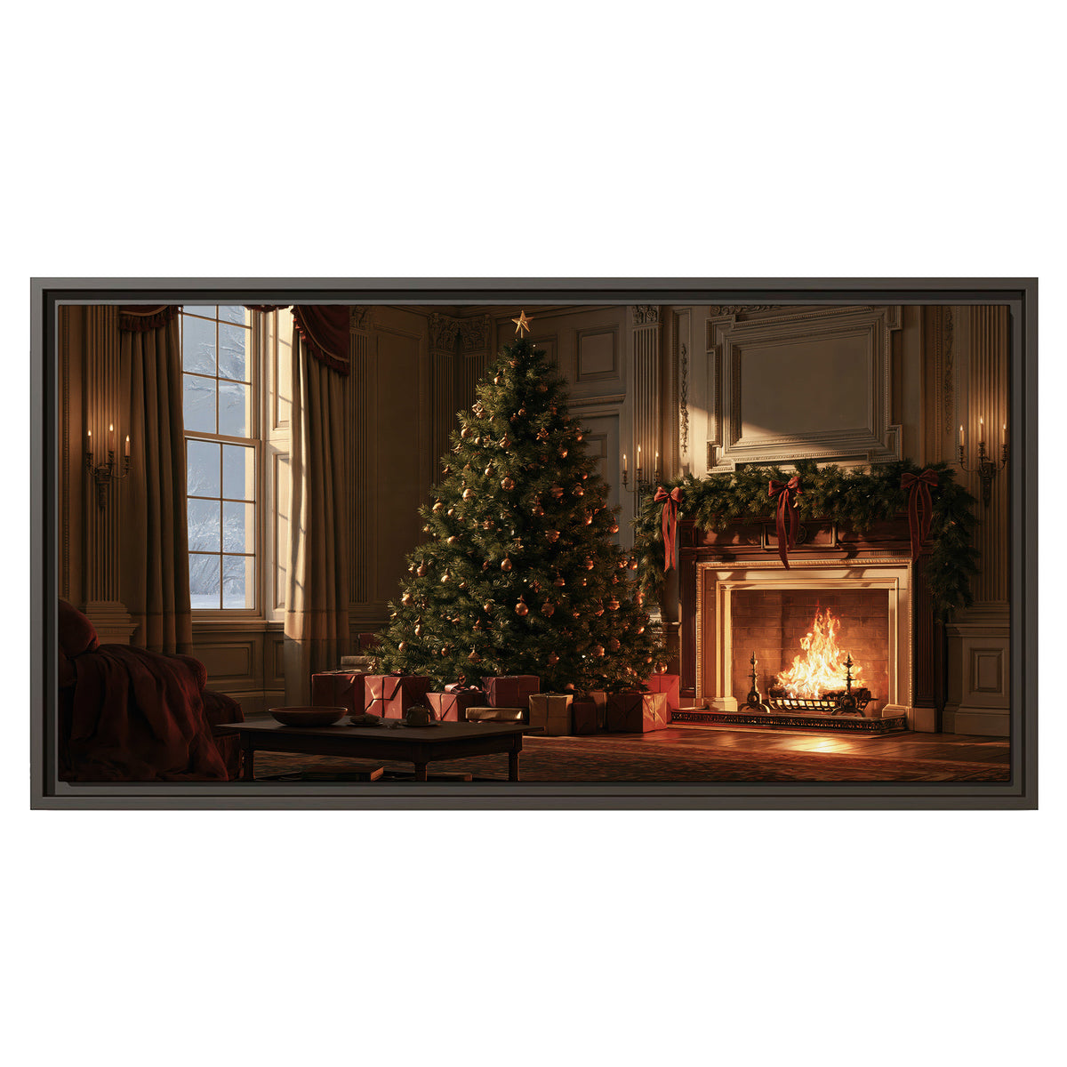 A decorated Christmas tree and wrapped presents beside a glowing fireplace in a cozy wood-paneled room single framed canvas wall art viewed straight on