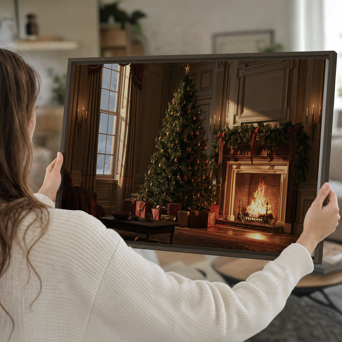 A decorated Christmas tree and wrapped presents beside a glowing fireplace in a cozy wood-paneled room single framed canvas wall art held in hands