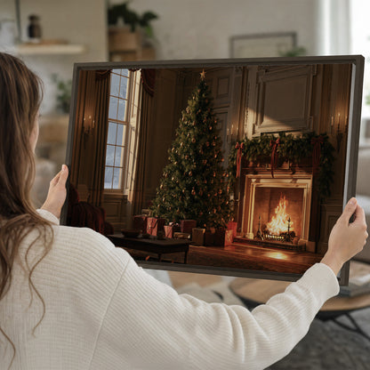 A decorated Christmas tree and wrapped presents beside a glowing fireplace in a cozy wood-paneled room single framed canvas wall art held in hands
