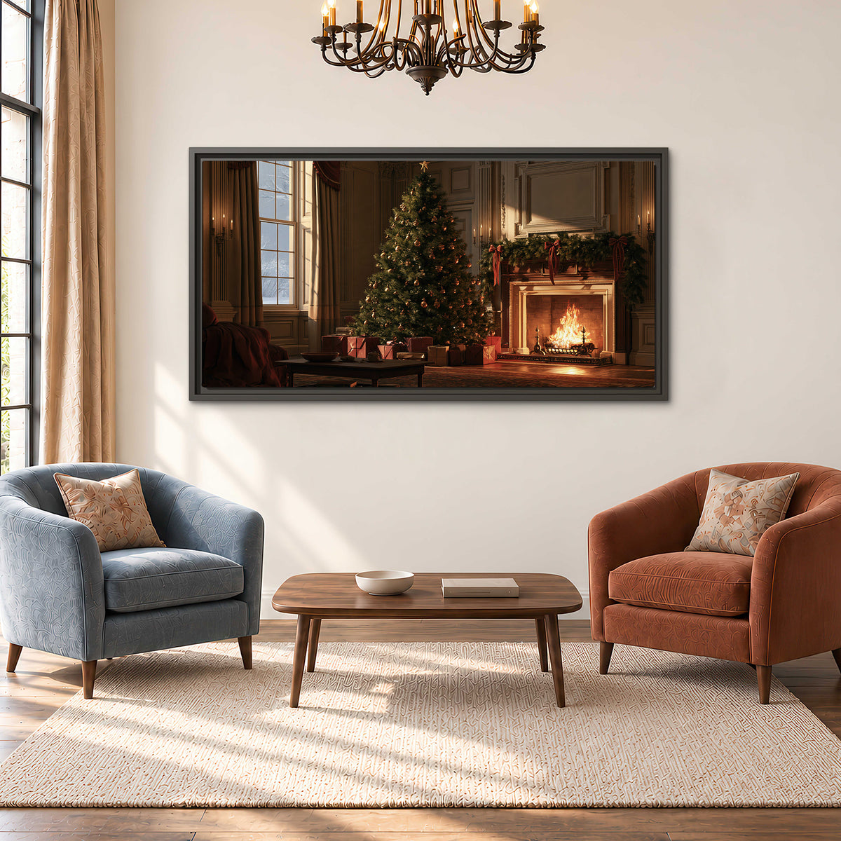 A decorated Christmas tree and wrapped presents beside a glowing fireplace in a cozy wood-paneled room single framed canvas wall art styled in an interior