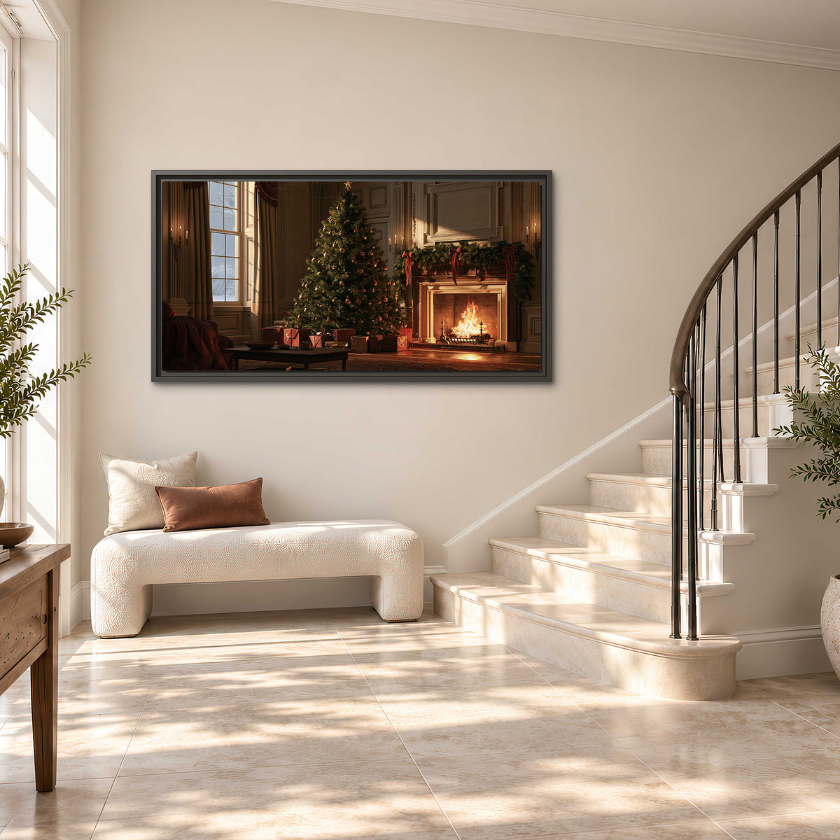 A decorated Christmas tree and wrapped presents beside a glowing fireplace in a cozy wood-paneled room single framed canvas wall art styled in an interior