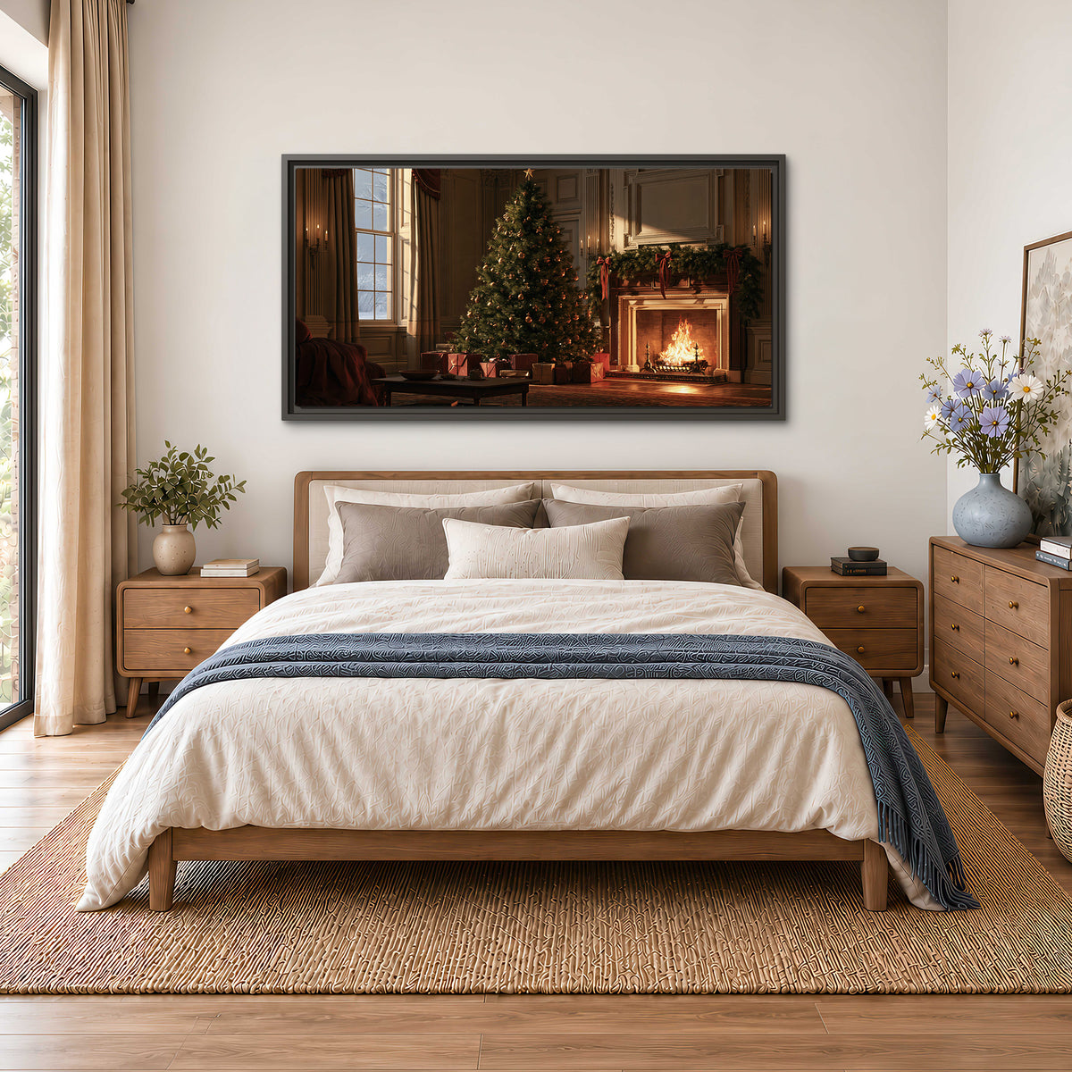 A decorated Christmas tree and wrapped presents beside a glowing fireplace in a cozy wood-paneled room single framed canvas wall art styled in an interior