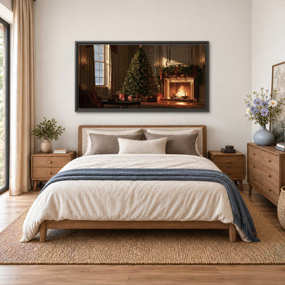 A decorated Christmas tree and wrapped presents beside a glowing fireplace in a cozy wood-paneled room single framed canvas wall art styled in an interior