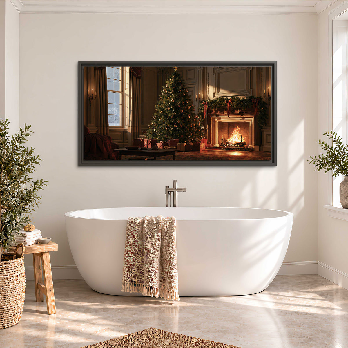 A decorated Christmas tree and wrapped presents beside a glowing fireplace in a cozy wood-paneled room single framed canvas wall art styled in an interior