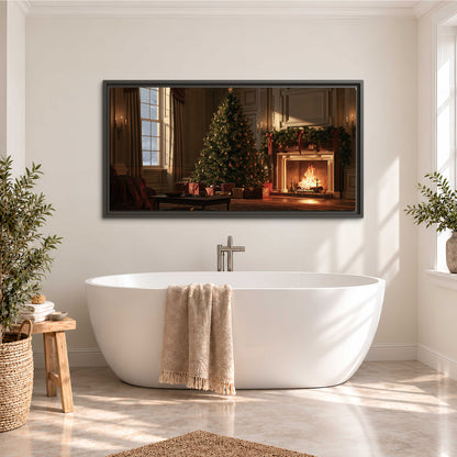 A decorated Christmas tree and wrapped presents beside a glowing fireplace in a cozy wood-paneled room single framed canvas wall art styled in an interior