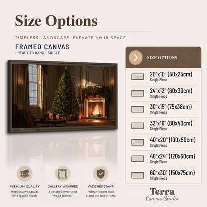 A decorated Christmas tree and wrapped presents beside a glowing fireplace in a cozy wood-paneled room single framed canvas wall art available dimensions