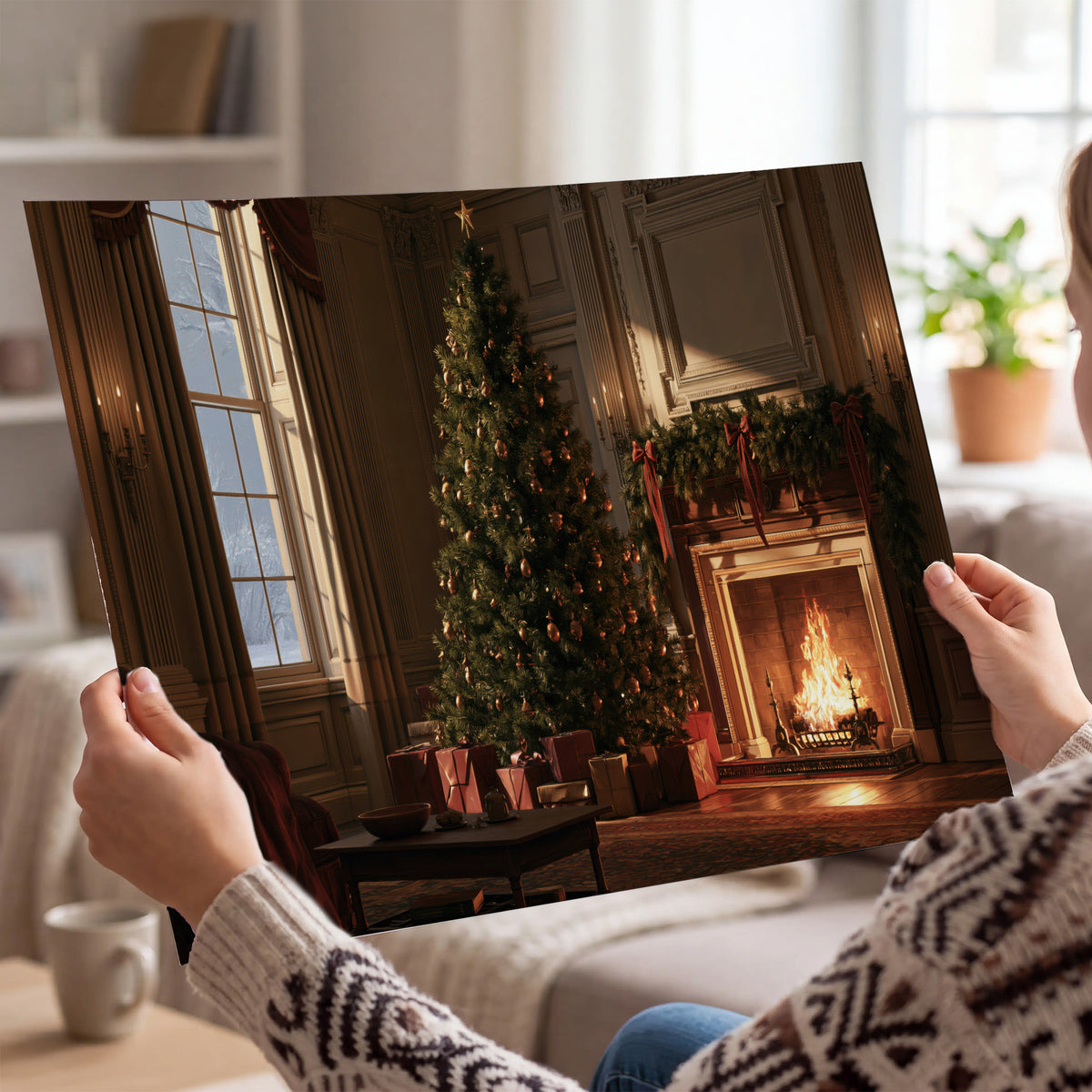 A decorated Christmas tree and wrapped presents beside a glowing fireplace in a cozy wood-paneled room single poster print held in hands